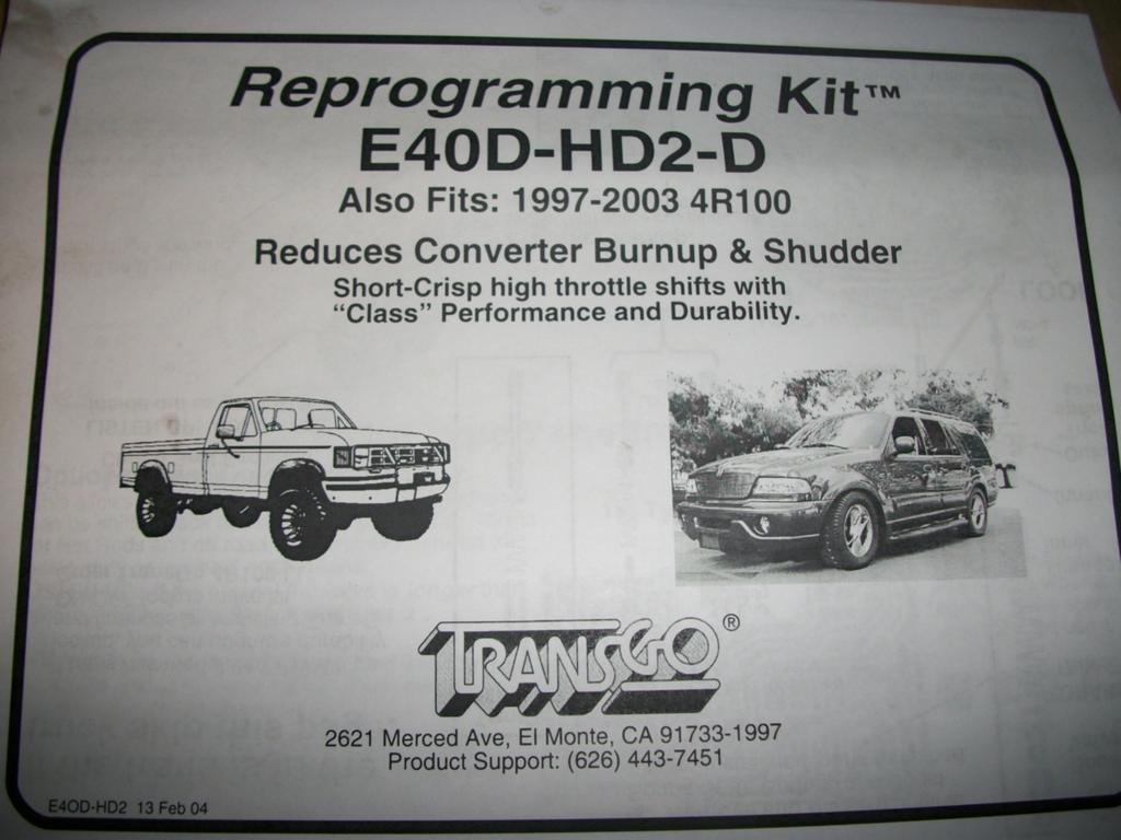 Transgo Reprogramming Shift Kit Ford E40D 4R100  E4OD HD2 