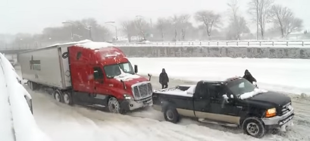 Big Rig Stuck in the Snow? Yep, a Ford Super Duty Can Pull It Out.
