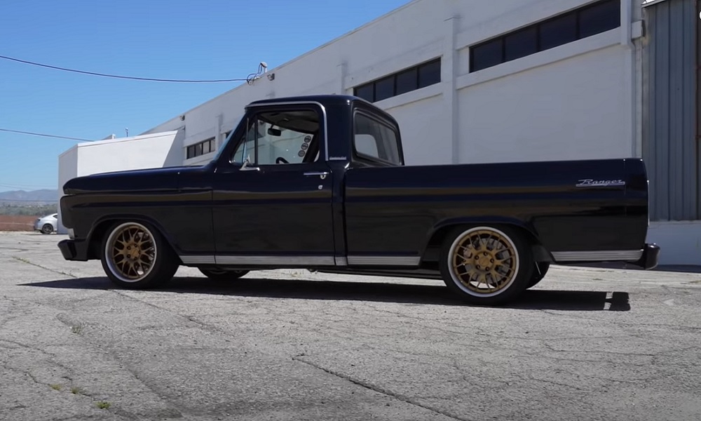 Side view of Ford F100 with Coyote V8 swap