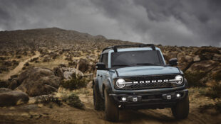 Pre-production 2021 Bronco four-door Badlands series with available Sasquatch™ off-road package in Cactus Gray in Johnson Valley, California.