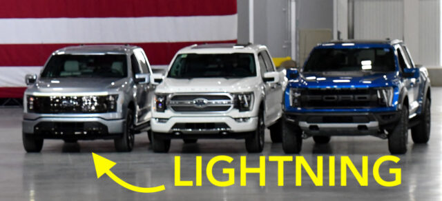 Lightning Leak? DEARBORN, MI. MAY 18, 2021 – President Joe Biden spoke today at the Rouge Electric Vehicle Center in Dearborn, Mich., manufacturing home of the all-new, all-electric Ford F-150 Lightning that goes on sale in mid-2022. The F-150 Lightning will be officially revealed Wednesday, May 19, 2021, at 9:30 p.m. EDT. Pictured (left to right): Jim Farley, CEO, Ford Motor Company, Bill Ford, executive chairman, Ford Motor Company, President Joe Biden, Kumar Galhotra, president, Americas & International Markets Group for Ford Motor Company. Photo by Sam VarnHagen.