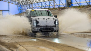 Not Project T3. But A prototype Ford F-150 Lightning undergoes salt and mud bath wash to test long-term exposure of salt and mud on the truck’s military-grade aluminum alloy body. Preproduction vehicle shown. Available starting spring 2022. Professional driver on a closed course. Always consult the owner’s manual before off-road driving, know your terrain and trail difficulty and use appropriate safety gear. Try to avoid water higher than the bottom of the hubs and proceed slowly. Refer to your owner’s manual for detailed information regarding driving through water.