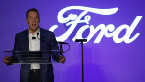 Bill Ford, executive chairman of Ford Motor Company, delivers remarks on the future of American manufacturing at their Rouge Visitor Center in Dearborn, Michigan, on Monday, October 16, 2023. (Photo by Jeff Kowalsky/Ford Motor Co.)